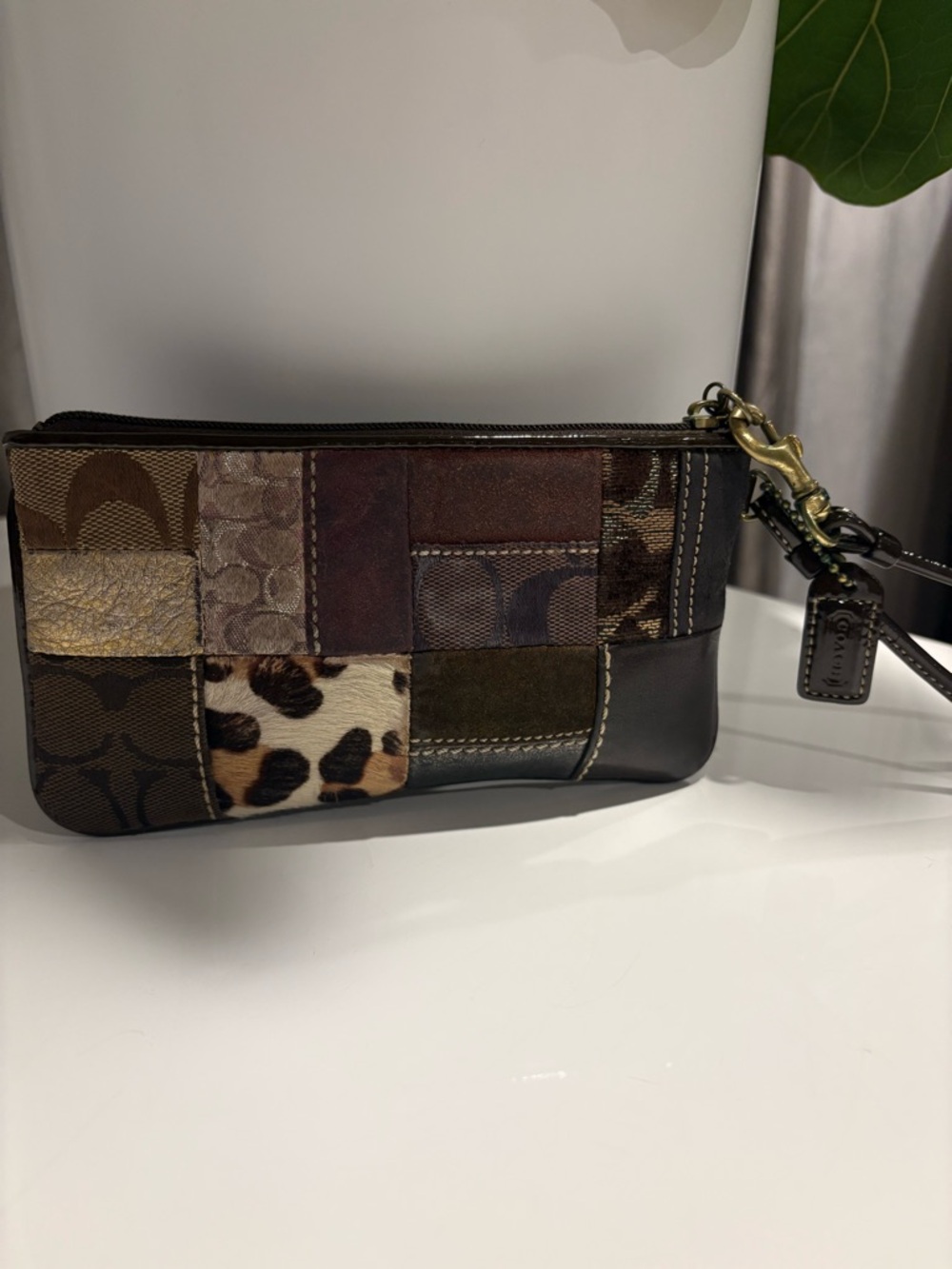 Coach Patchwork Leather Wristlet Clutch, Purse in Brown and Neutral Tones